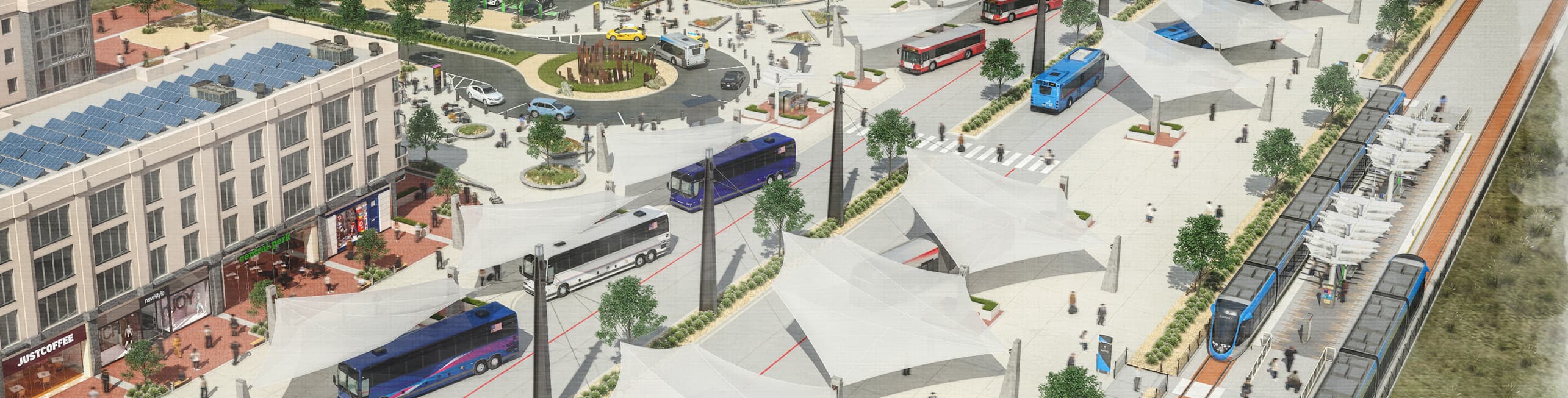 Artist's rendering of multiple public transit modes for Project Connect  - including Park and rides